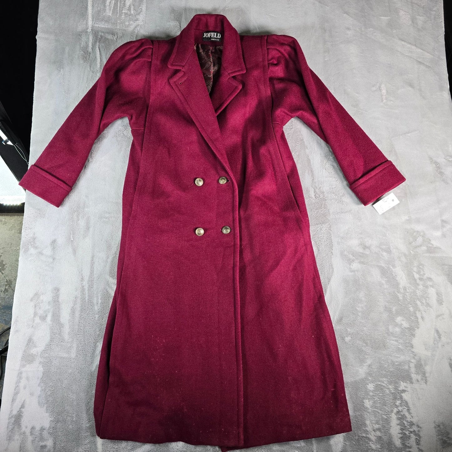 Vintage 1980s Jofeld Burgundy Double-Breasted Wool Blend Coat with Scarf (M)