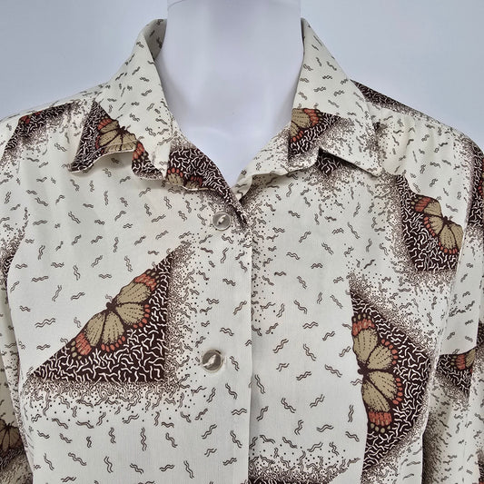 Vintage 1980s Orvieto Geometric Butterfly Print Long Sleeve Blouse (Size 14/L)