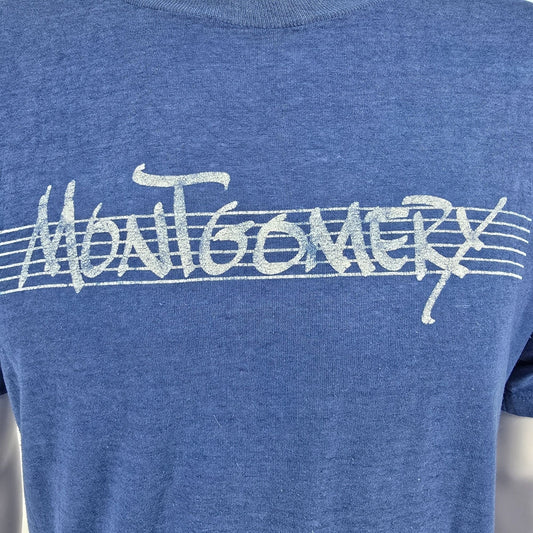 Vintage 1980s Velva Sheen Montgomery Script Logo Soft & Thin Blue T-Shirt (L)