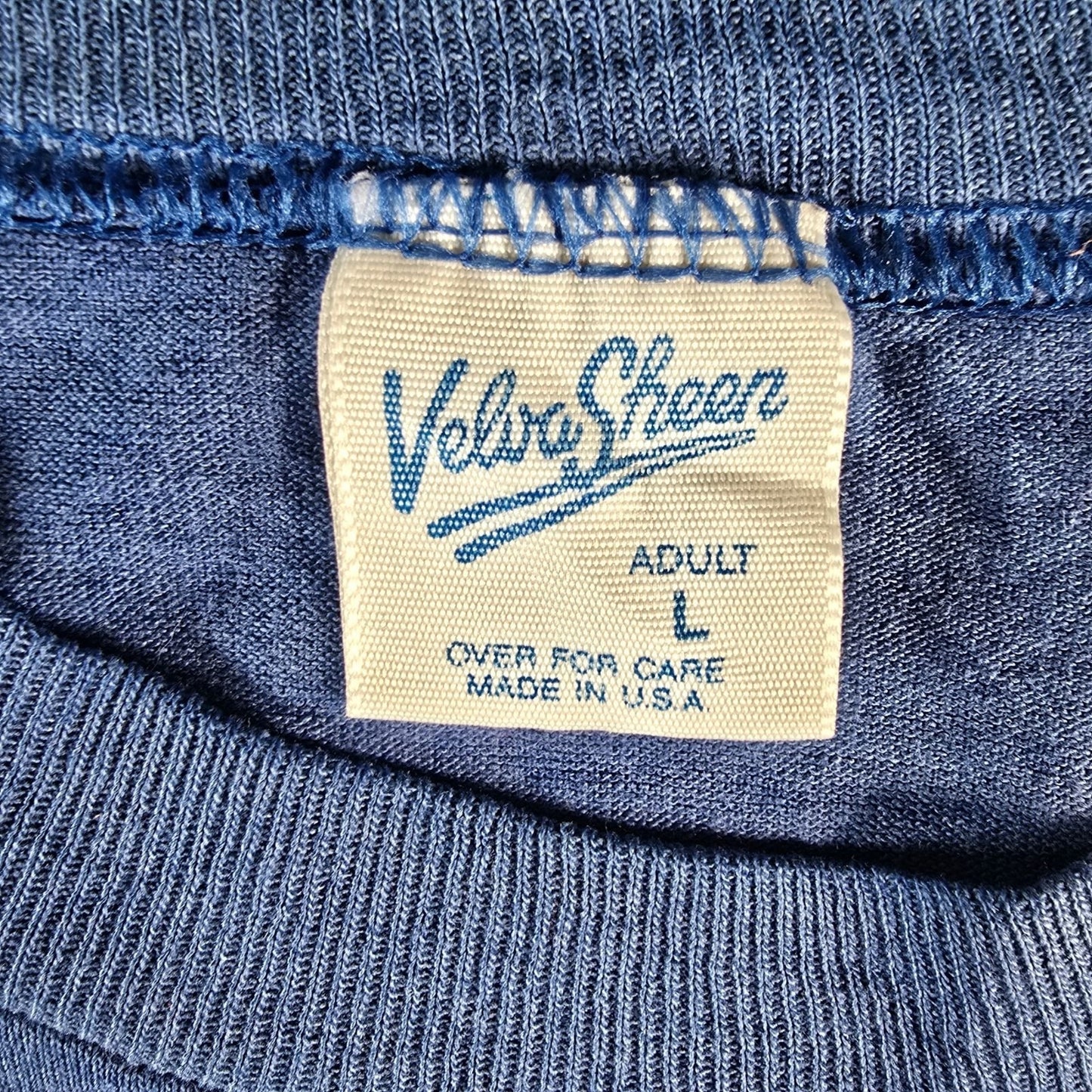 Vintage 1980s Velva Sheen Montgomery Script Logo Soft & Thin Blue T-Shirt (L)
