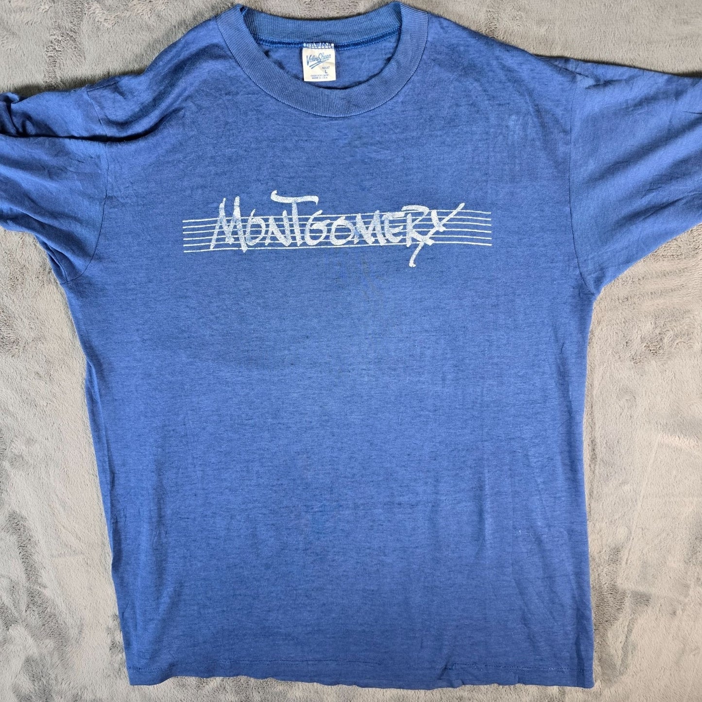 Vintage 1980s Velva Sheen Montgomery Script Logo Soft & Thin Blue T-Shirt (L)