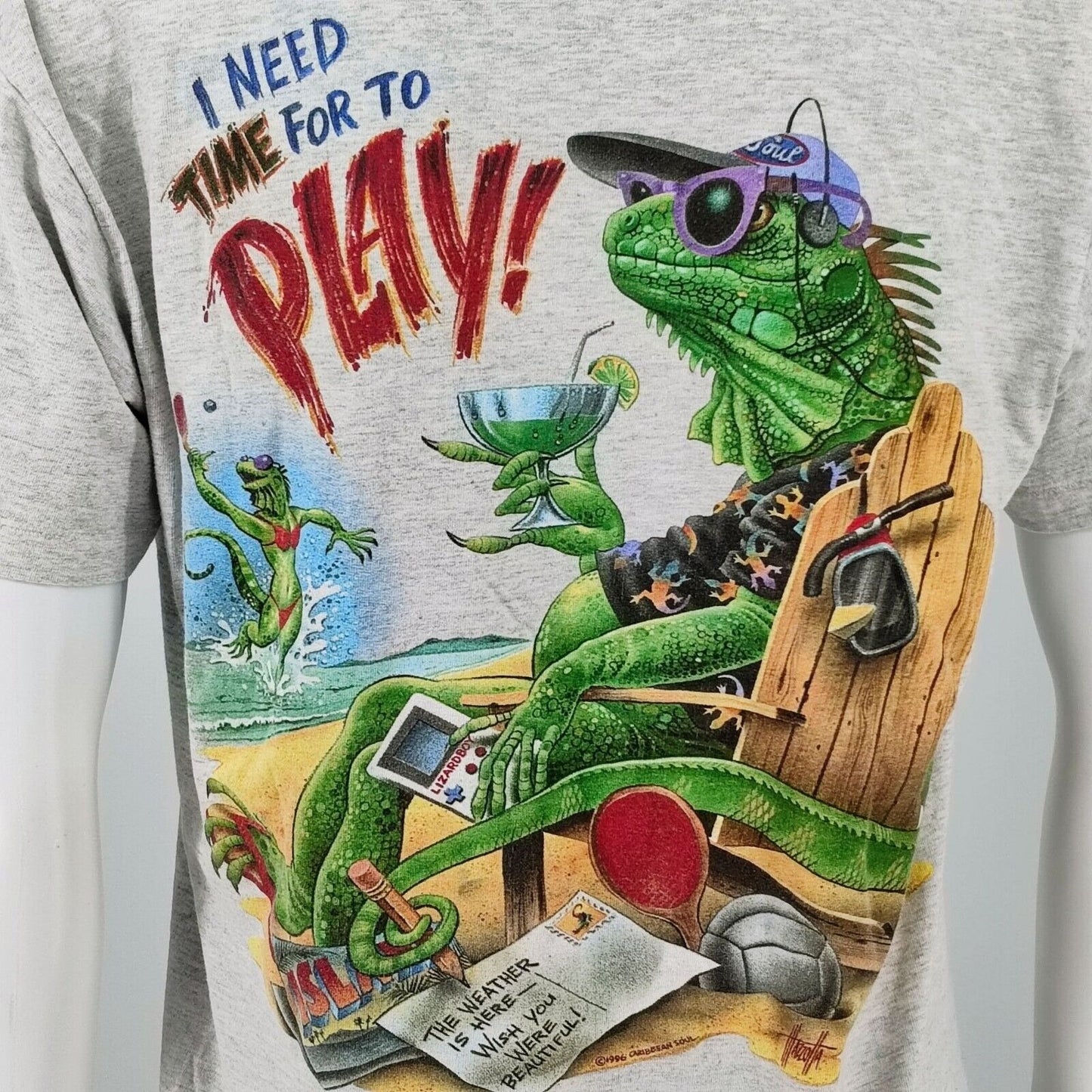 Vintage 1990s Single Stitch Caribbean Soul "I Need Time For To Play!" T-Shirt (L)