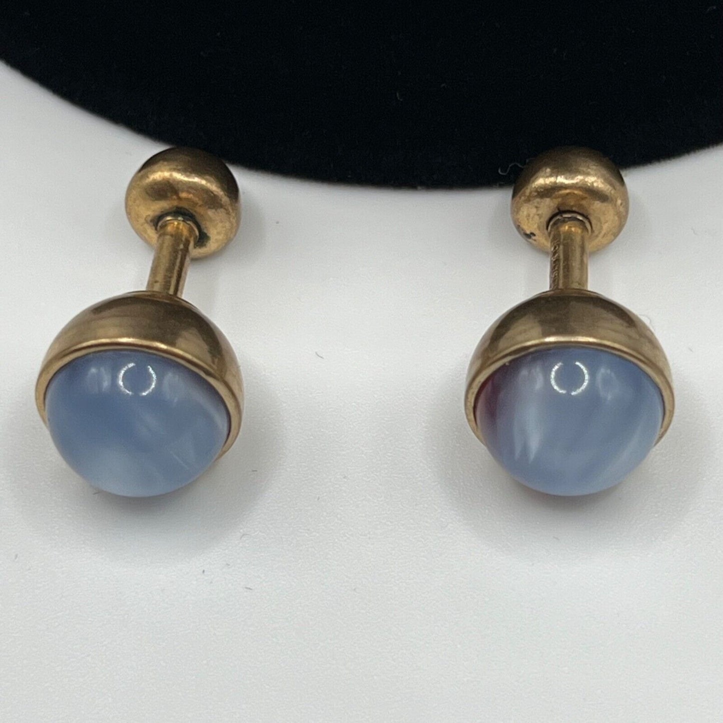 Vintage 1940s Signed Kreisler Craft Gold-Tone Blue Moonglow Cabochon Cufflinks