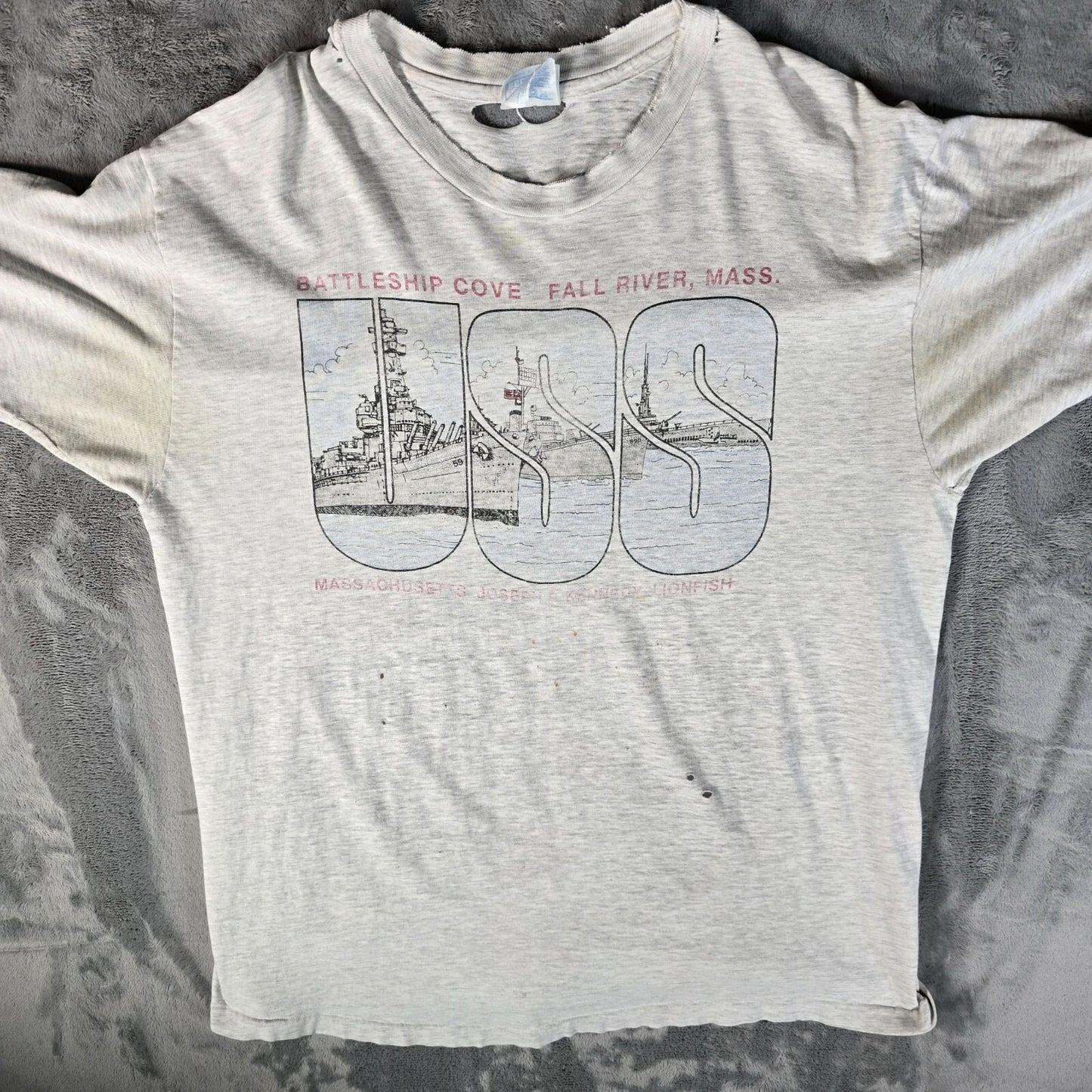 Thrashed Vintage 1990s Hanes Beefy-T Battleship Cove Fall River, MA T-Shirt (XL)