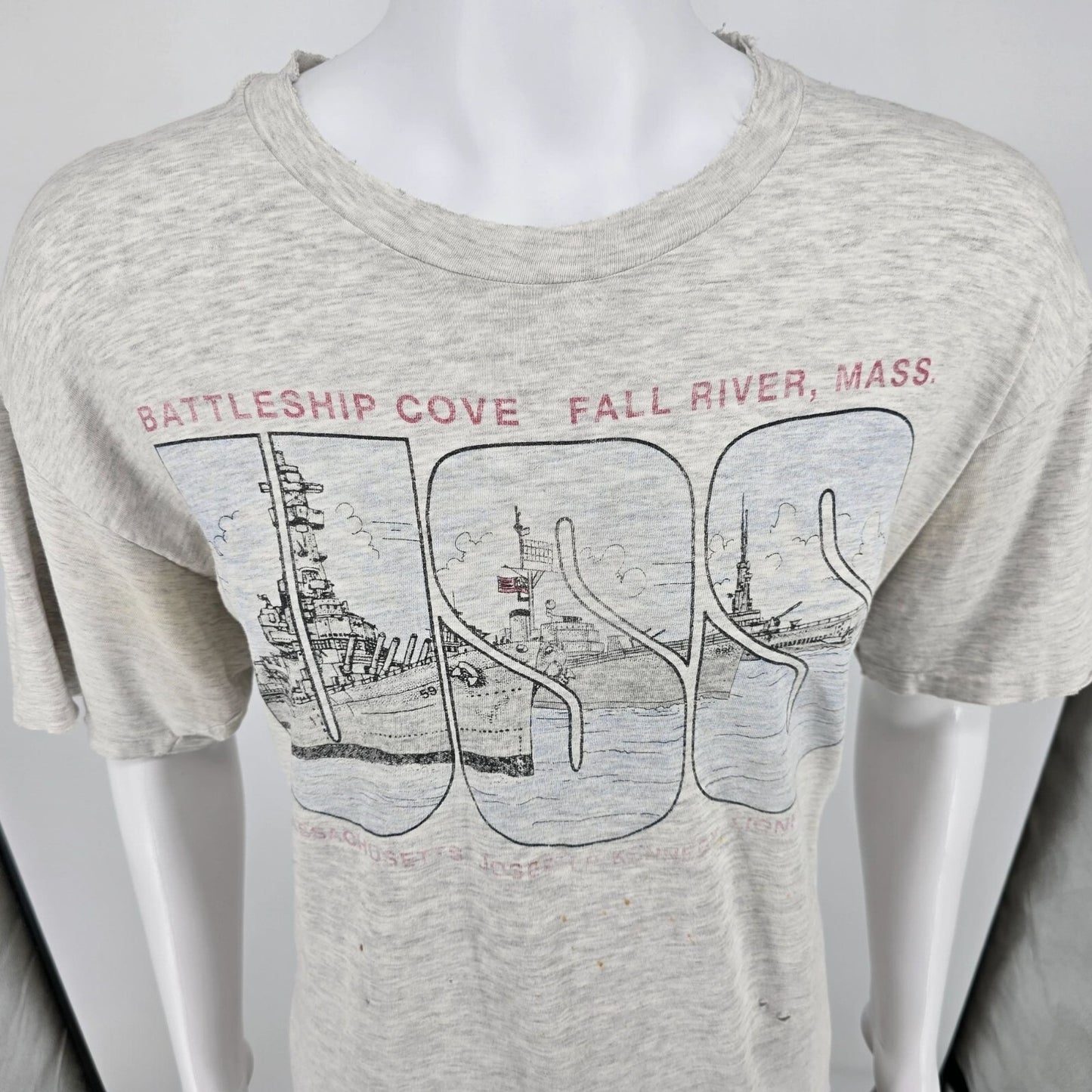Thrashed Vintage 1990s Hanes Beefy-T Battleship Cove Fall River, MA T-Shirt (XL)