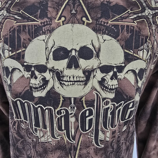 MMA Elite Long Sleeve Skull Graphic Waffle Kint Tie Dye Brown Thermal (L)
