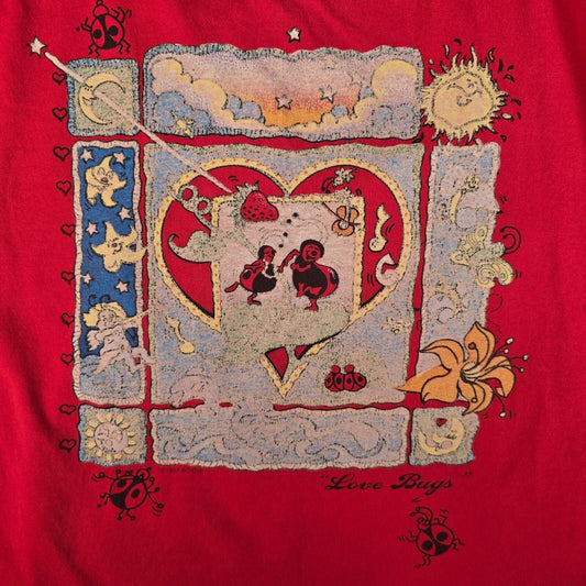 Distressed Vintage 1990s Murina Red "Love Bugs" Graphic T-Shirt (OSFA/XL/2XL)