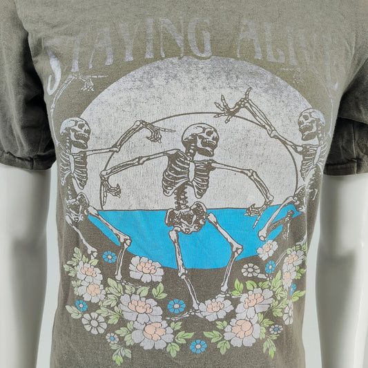 Obsessive Love "Staying Alive" Skeletons and Flowers Taupe Graphic T-Shirt (S)