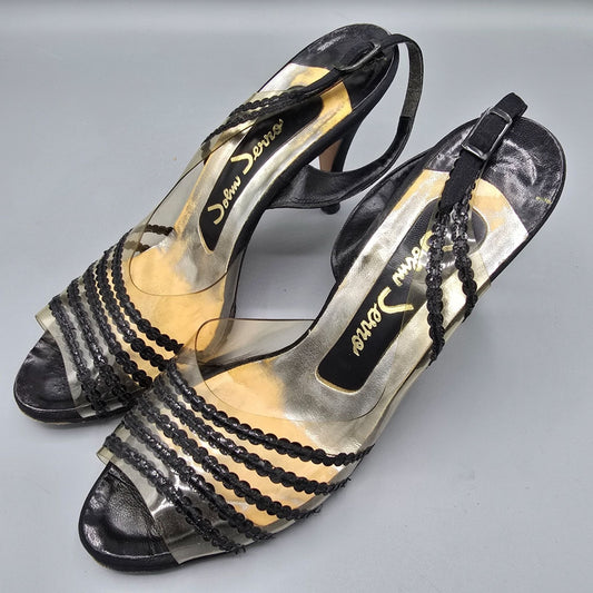 Vintage 1960s John Jerro Clear Vinyl & Black Slingback Stiletto Heels (8.5AA)