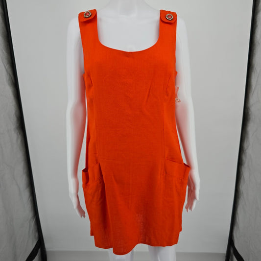 Vintage 1960s Mod Orange Sleeveless Pocketed Jumper-Style Shift Mini Dress (L)