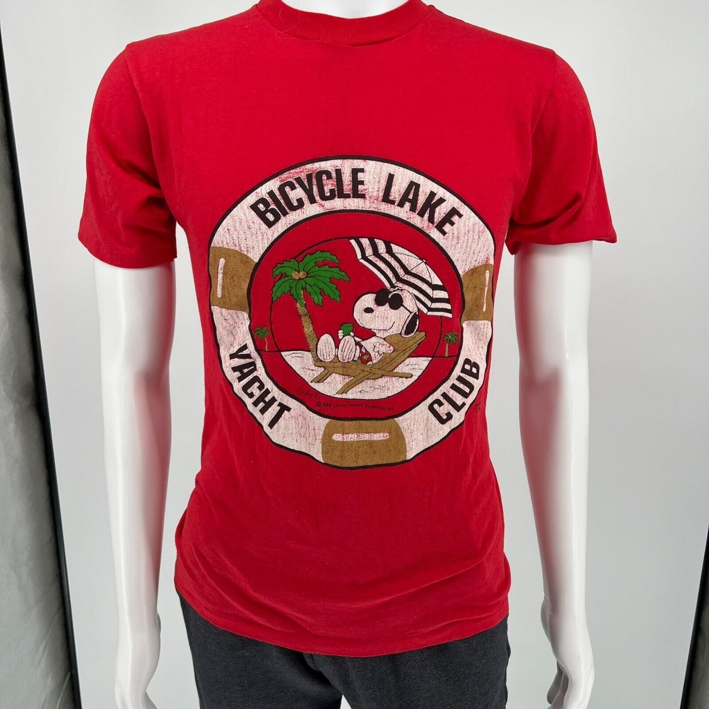 Vintage Single-Stitch Red Snoopy "Bicycle Lake Yacht Club" Shirt (Small)