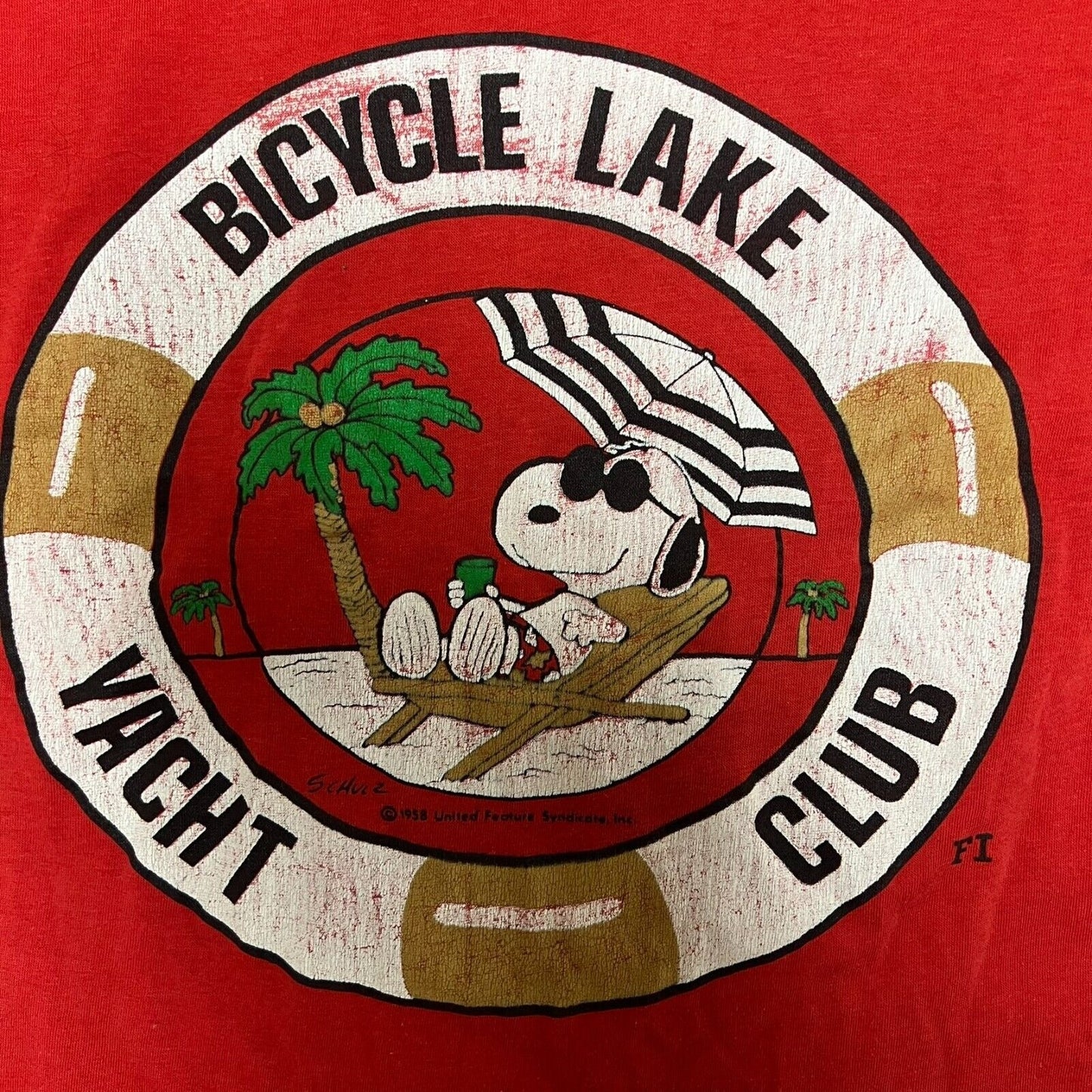 Vintage Single-Stitch Red Snoopy "Bicycle Lake Yacht Club" Shirt (Small)