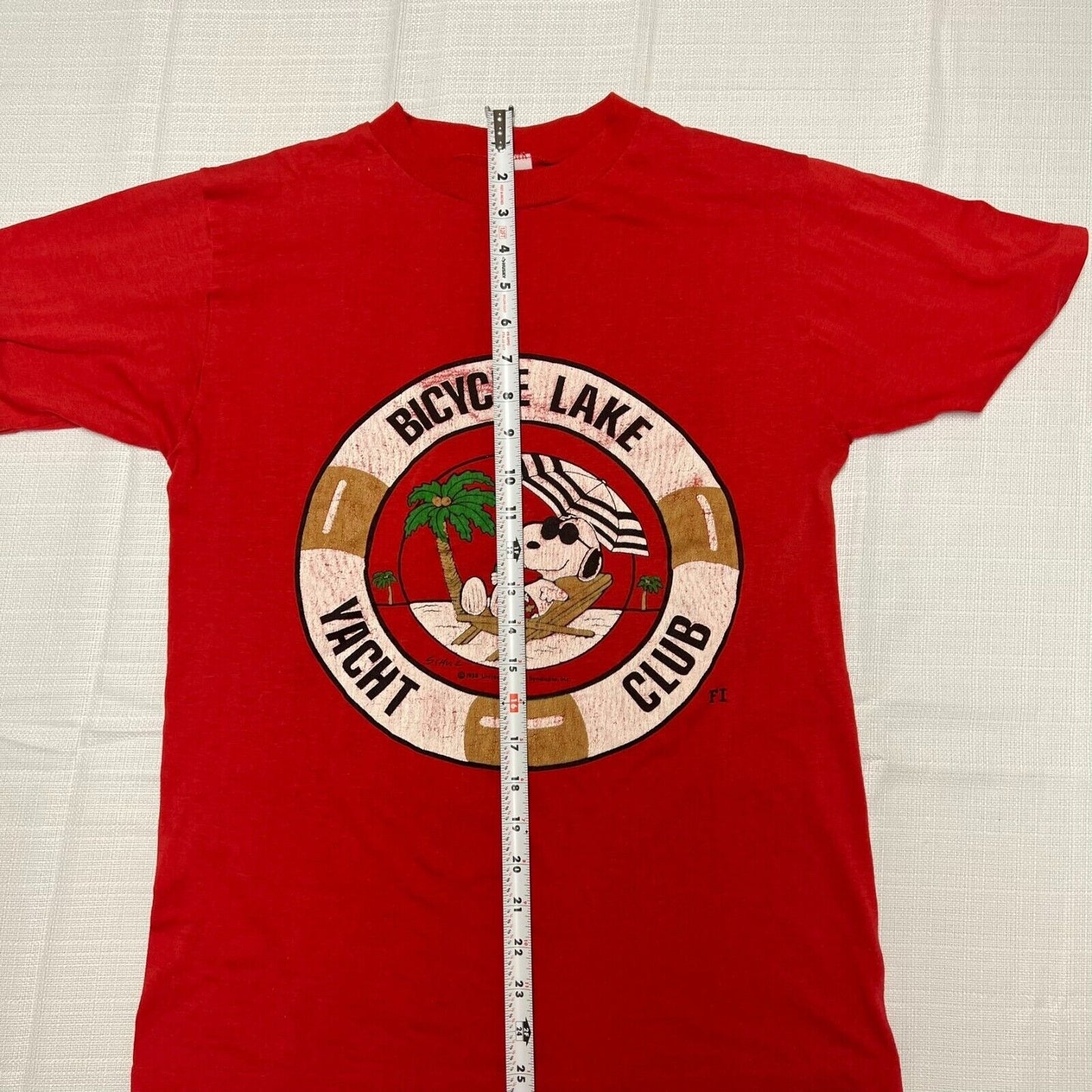 Vintage Single-Stitch Red Snoopy "Bicycle Lake Yacht Club" Shirt (Small)