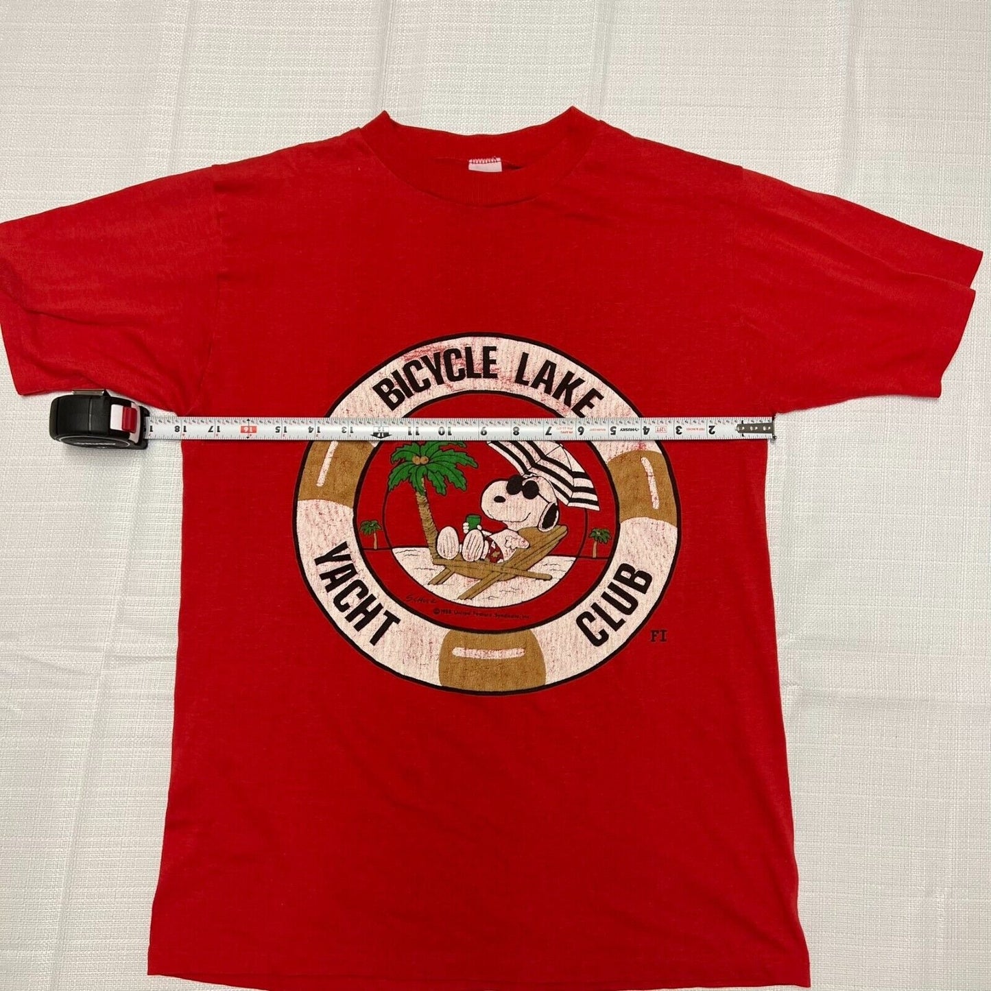 Vintage Single-Stitch Red Snoopy "Bicycle Lake Yacht Club" Shirt (Small)