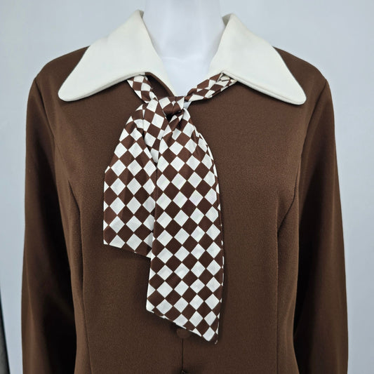 Eary 1970s Toni Todd Brown Collared Lavallière Secretary Day Dress (Size 14/L)