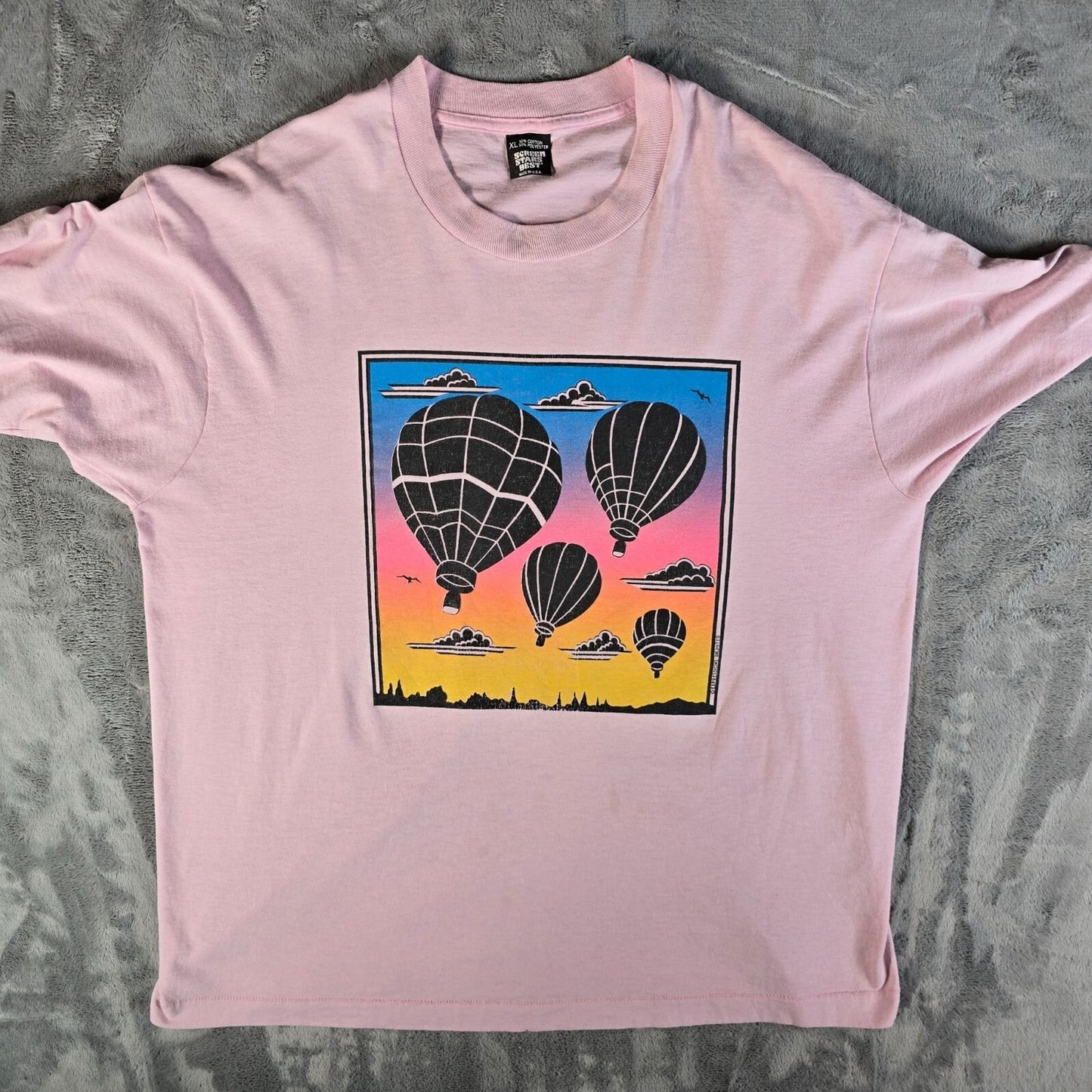 Vintage 1990s Expressions Unlimited Hot Air Balloon Sunset Pink T-Shirt (XL)