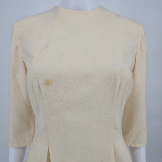 Vintage 1960s Cream Wool Jackie-Style 3/4 Sleeve Sheath Dress (S) *Fair