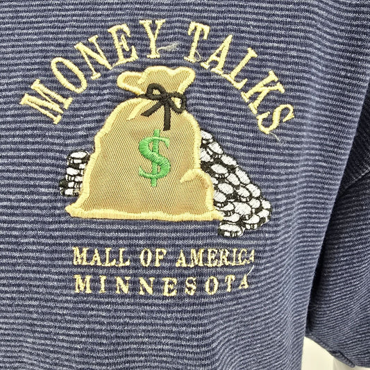 Vintage 1990s Mall of America "Money Talks" Embroidered Micro-Stripe T-Shirt -L