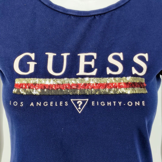 Girls Guess Los Angeles Eighty-One Bold Sequin Graphic T-Shirt (Medium)