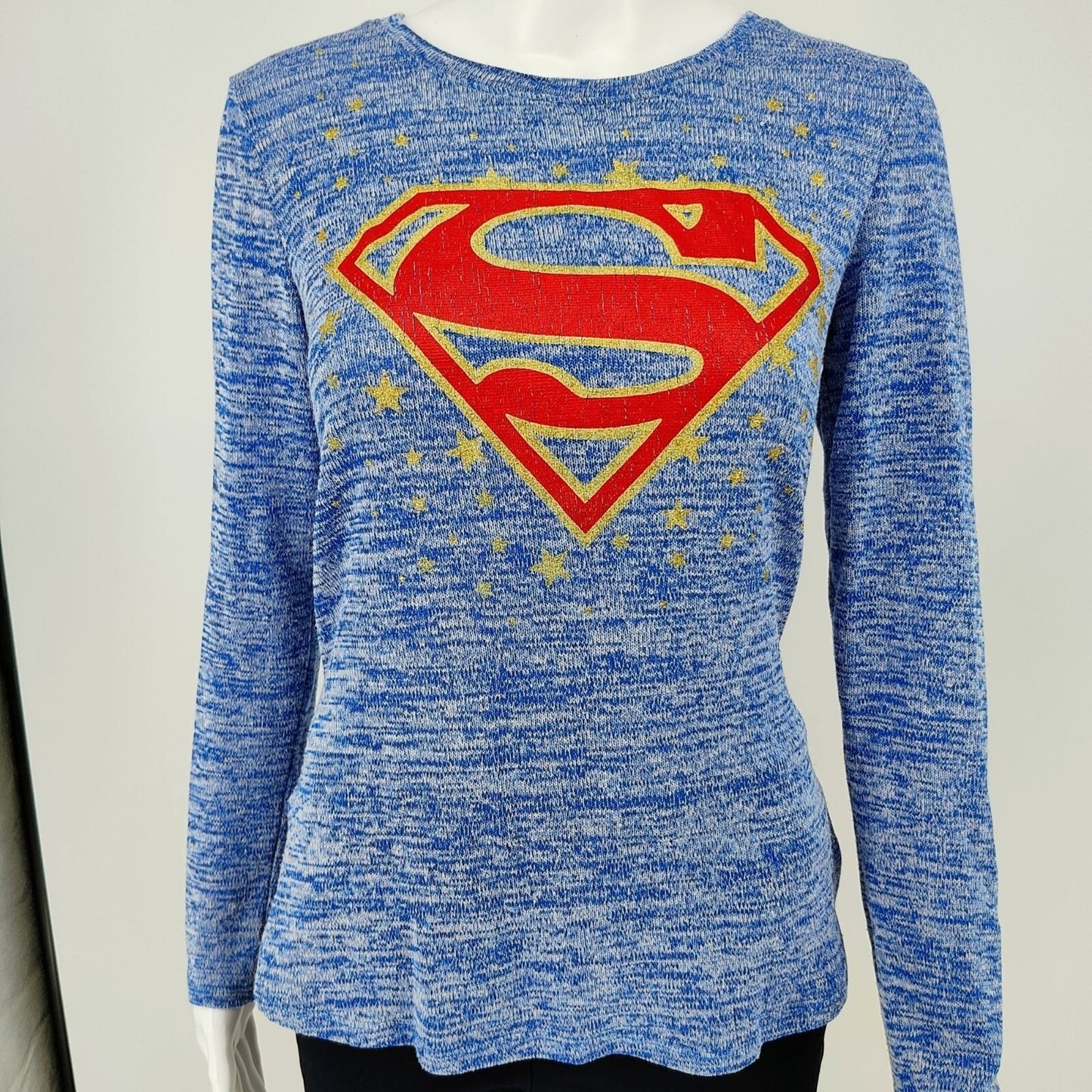 DC Comics Superman Blue Heather and Glitter Gold Long Sleeve Top -Juniors M 7/9