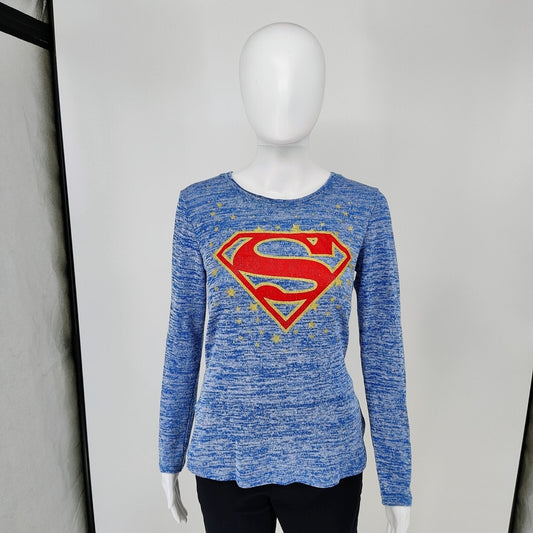 DC Comics Superman Blue Heather and Glitter Gold Long Sleeve Top -Juniors M 7/9