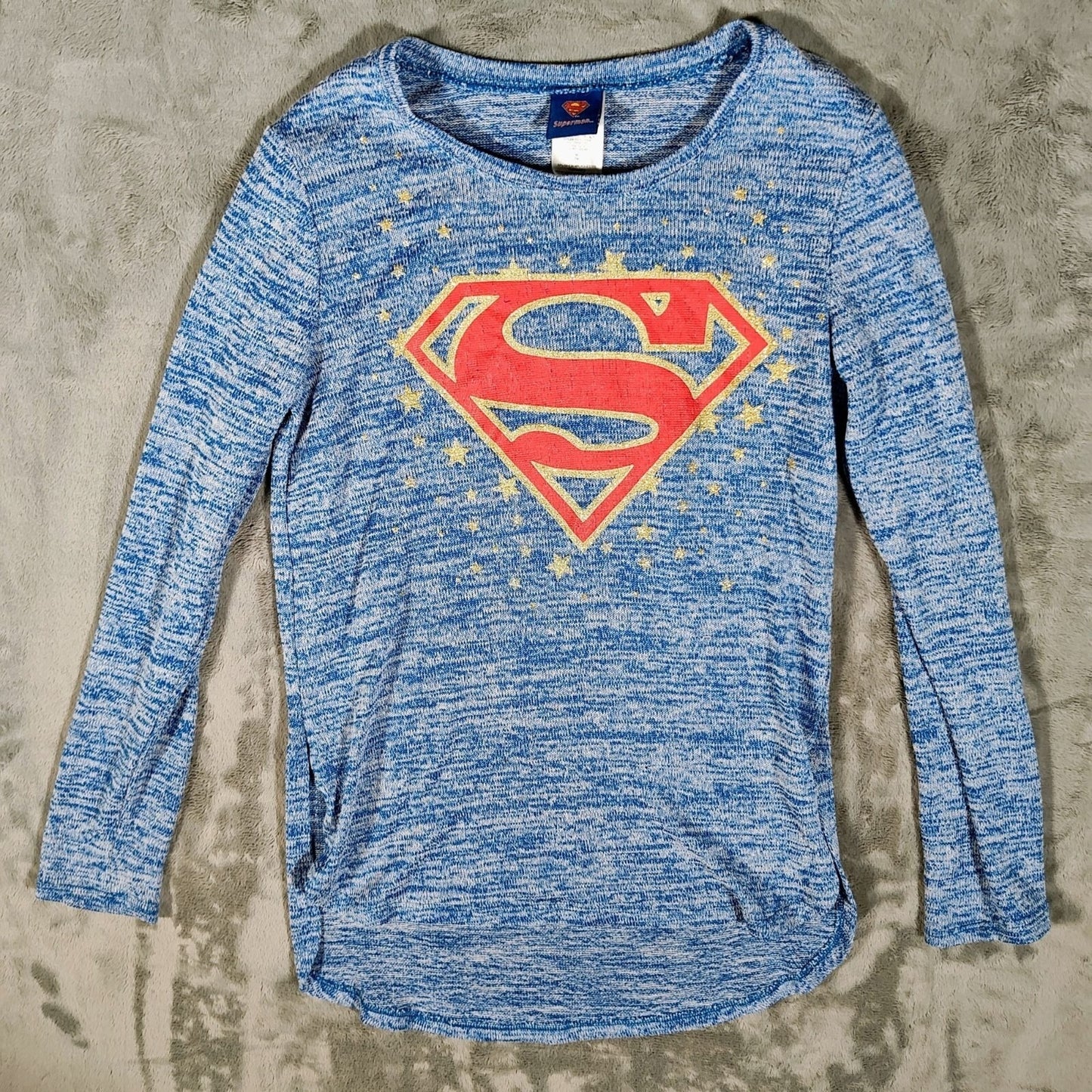 DC Comics Superman Blue Heather and Glitter Gold Long Sleeve Top -Juniors M 7/9