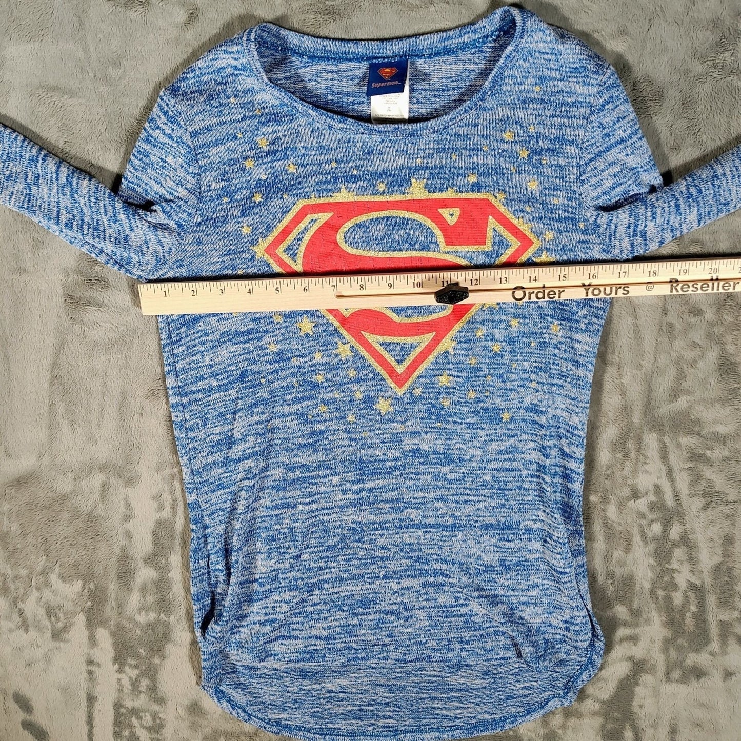 DC Comics Superman Blue Heather and Glitter Gold Long Sleeve Top -Juniors M 7/9