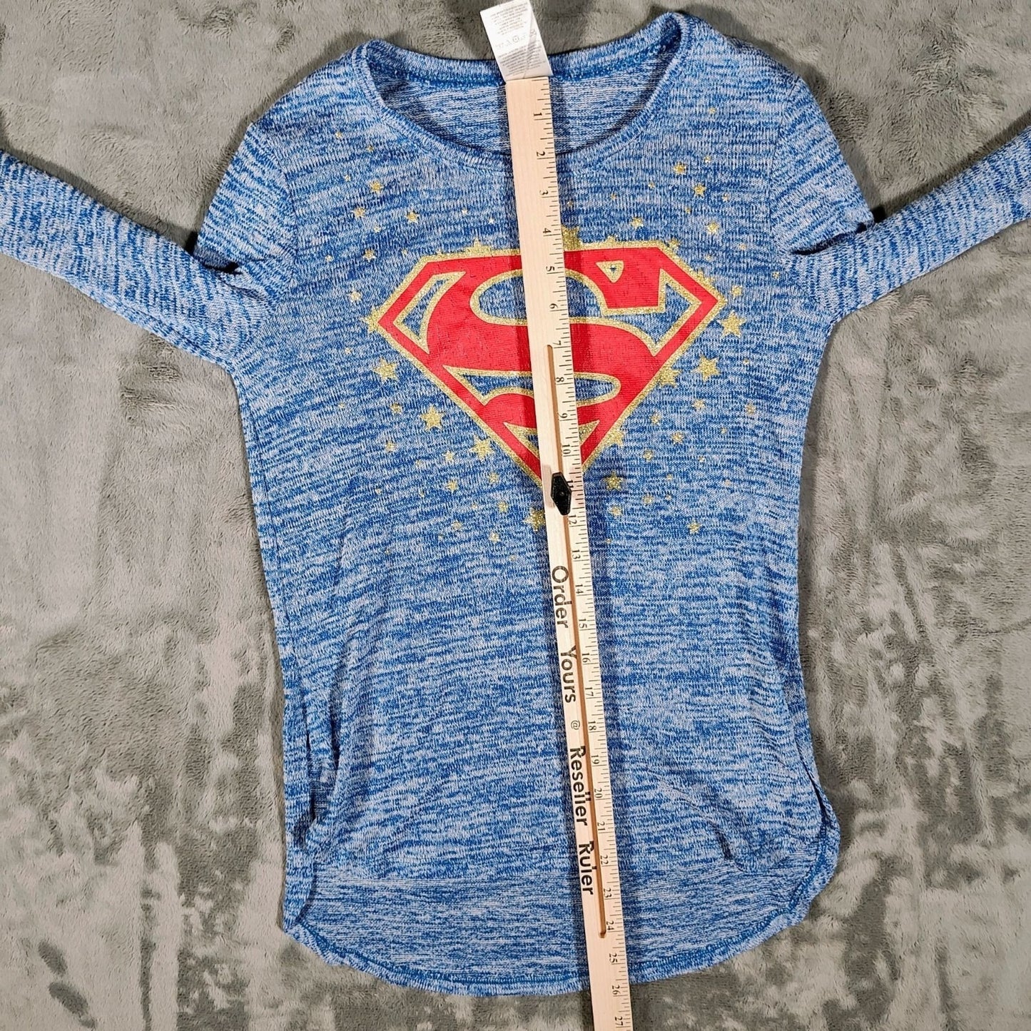 DC Comics Superman Blue Heather and Glitter Gold Long Sleeve Top -Juniors M 7/9