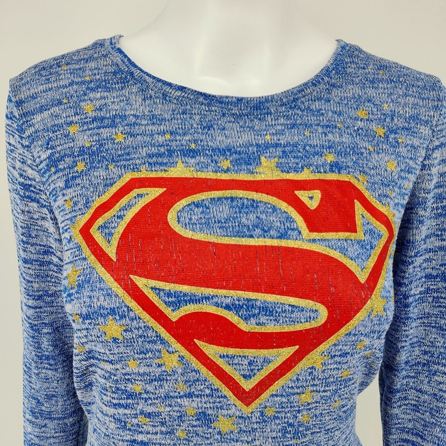 DC Comics Superman Blue Heather and Glitter Gold Long Sleeve Top -Juniors M 7/9