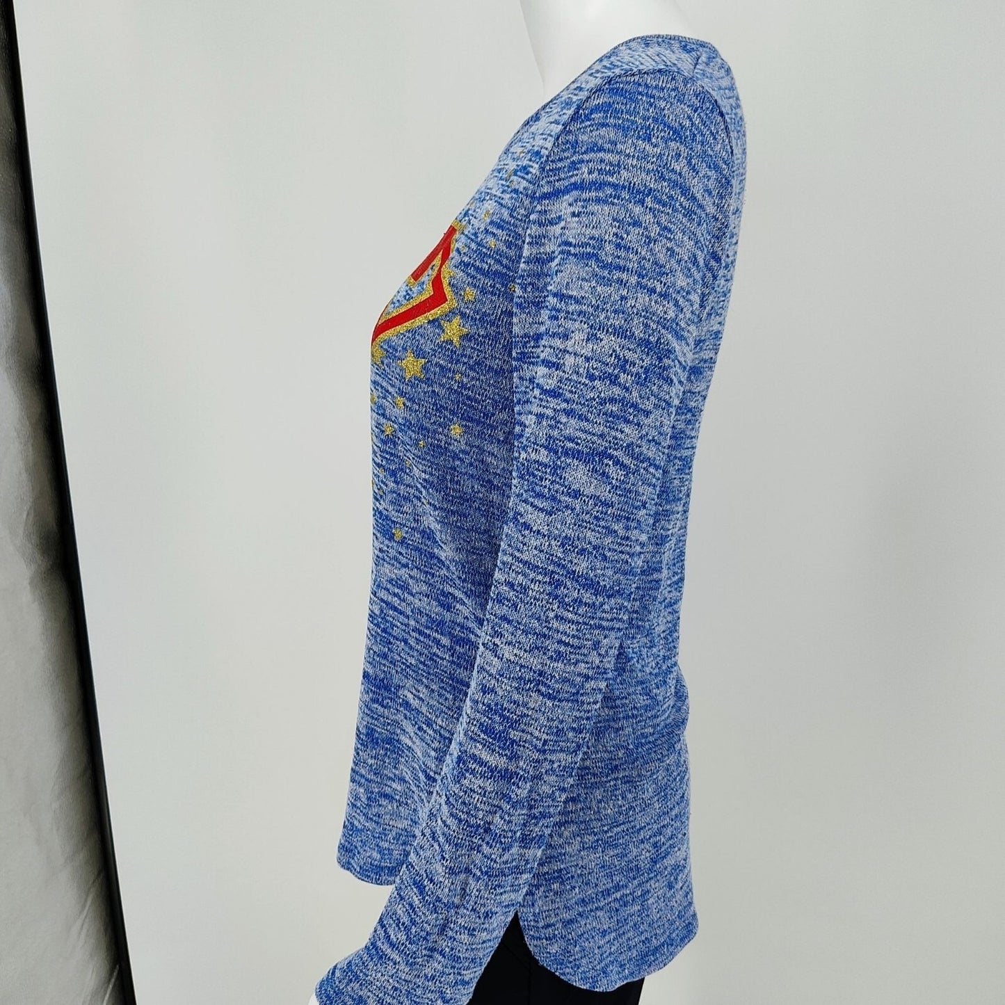 DC Comics Superman Blue Heather and Glitter Gold Long Sleeve Top -Juniors M 7/9