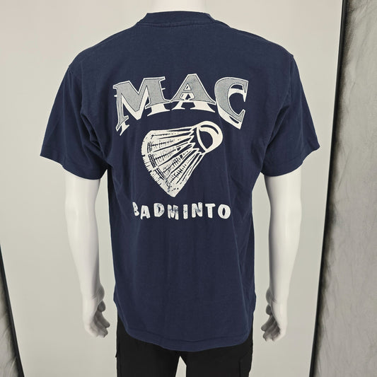 Vintage 1990s Navy Blue Mac Badminton "Janny" Shuttlecock Graphic T-Shirt (L)