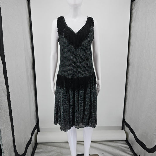Vintage 1960s Orvieto Creations Black Metallic Knit Flapper Revival Dress (M)