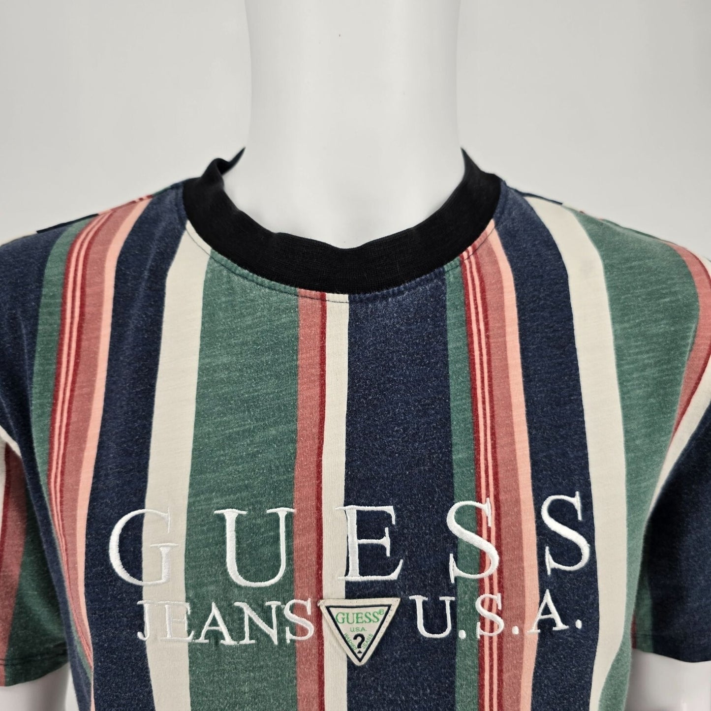 Guess Jeans U.S.A. Embroidered Logo Faded Multicolor Striped T-Shirt (M)