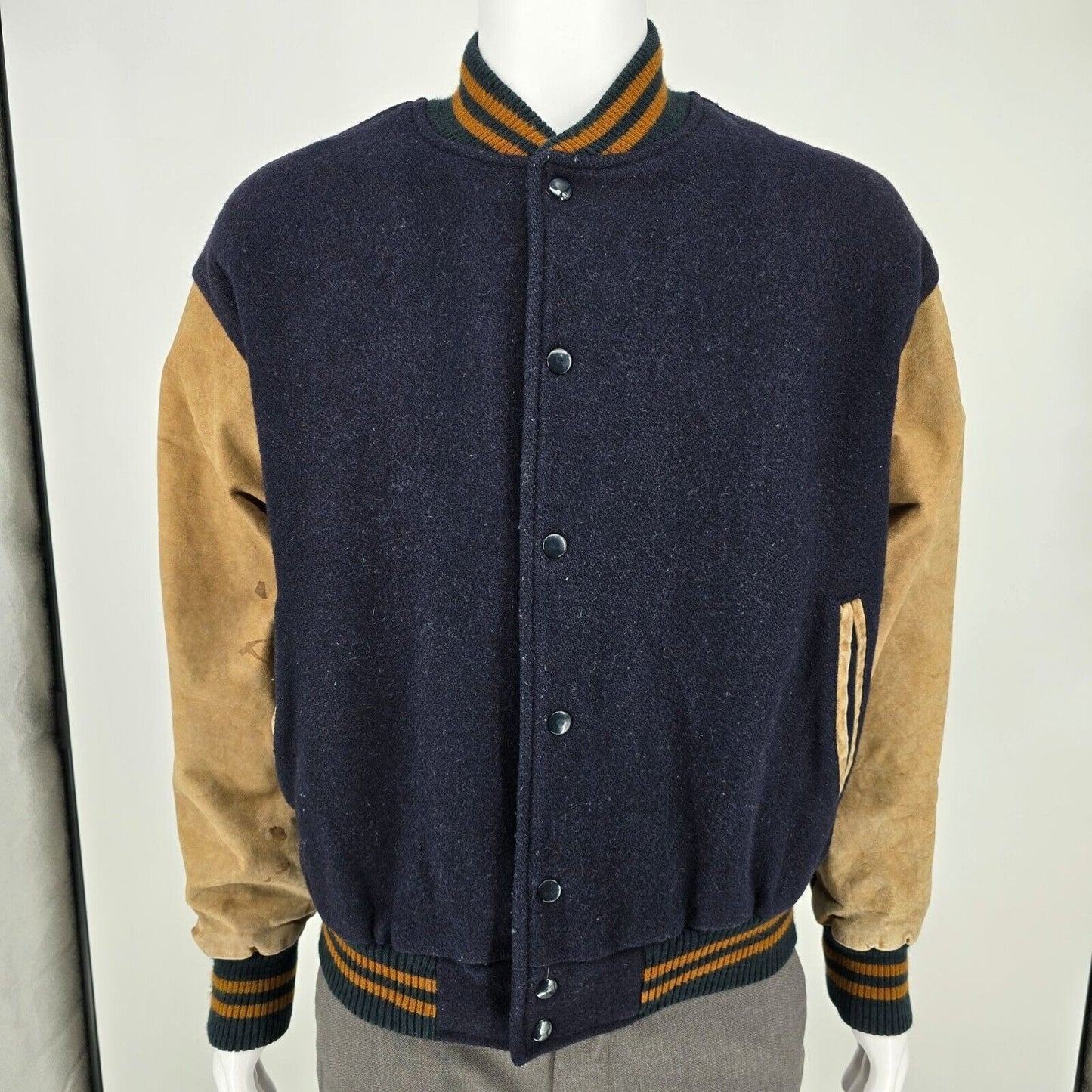 Vintage 80s/90s Pierre Cardin Mens Wool and Leather Blue Varsity Jacket (Large)