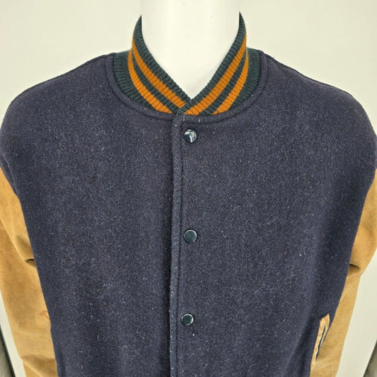 Vintage 80s/90s Pierre Cardin Mens Wool and Leather Blue Varsity Jacket (Large)