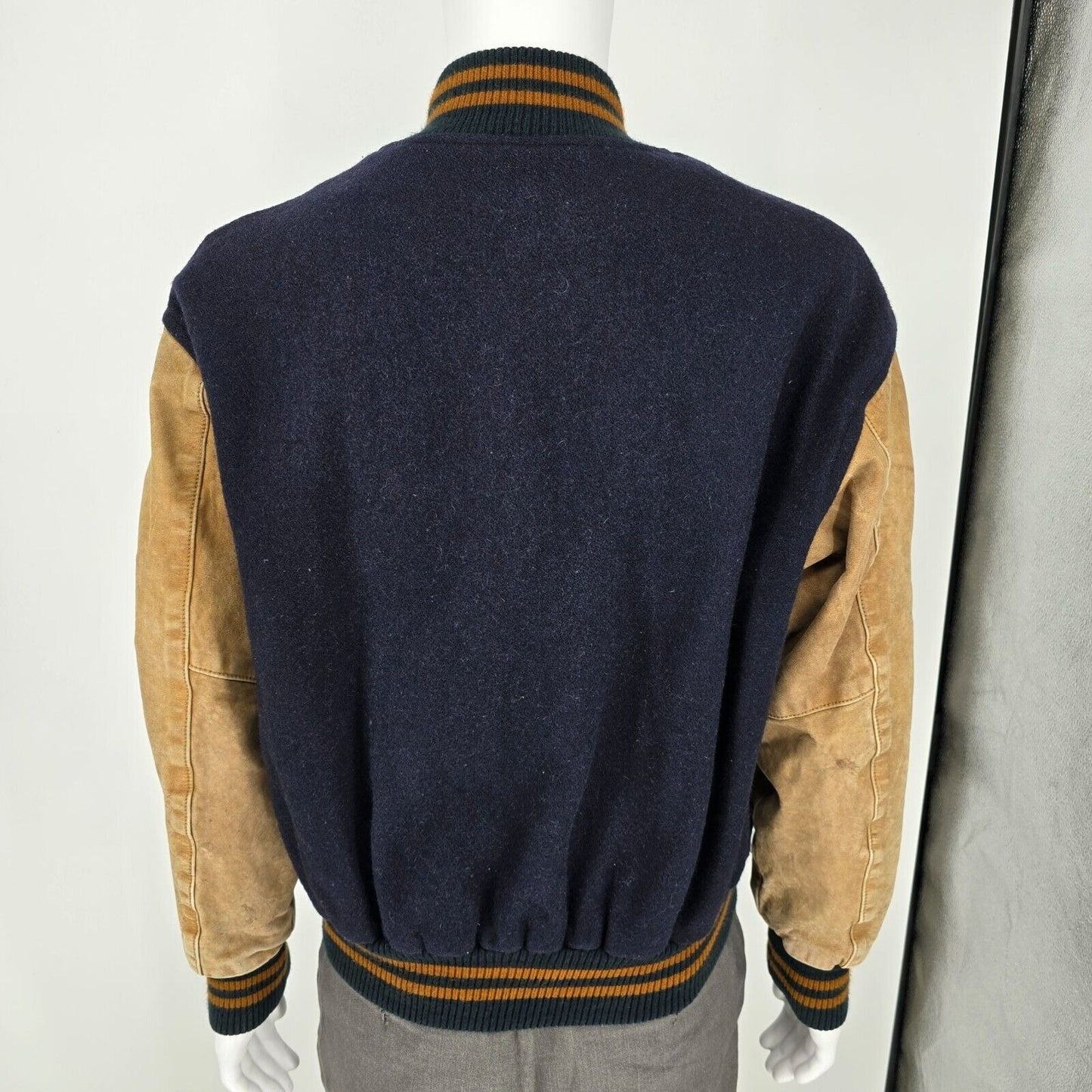 Vintage 80s/90s Pierre Cardin Mens Wool and Leather Blue Varsity Jacket (Large)