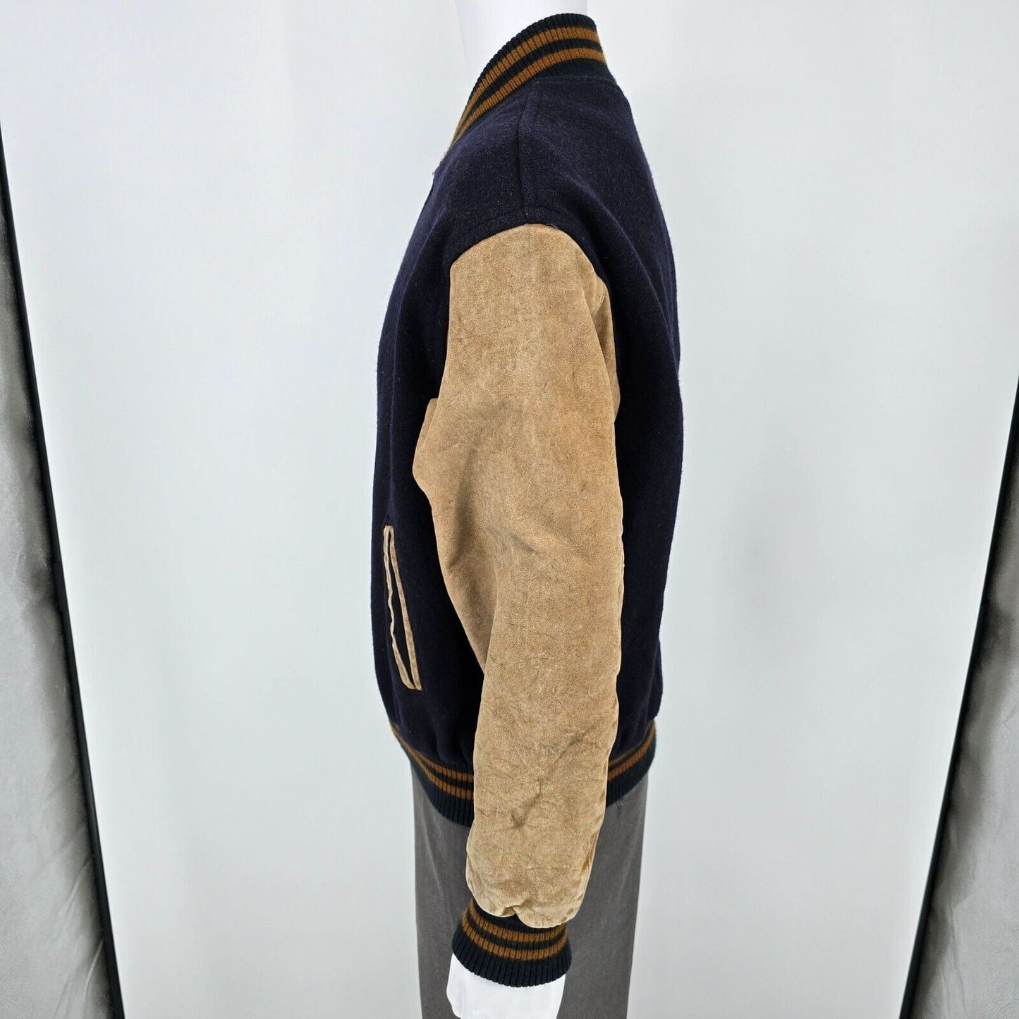 Vintage 80s/90s Pierre Cardin Mens Wool and Leather Blue Varsity Jacket (Large)