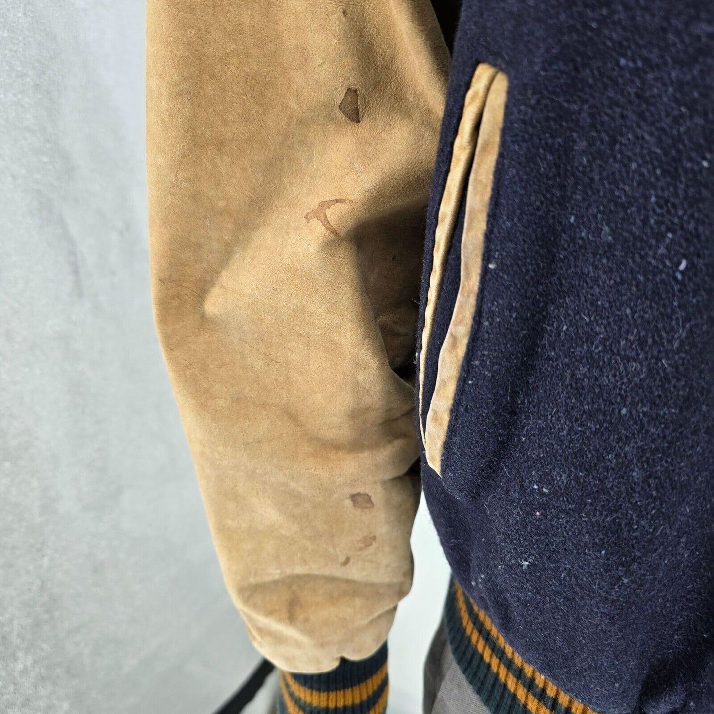 Vintage 80s/90s Pierre Cardin Mens Wool and Leather Blue Varsity Jacket (Large)
