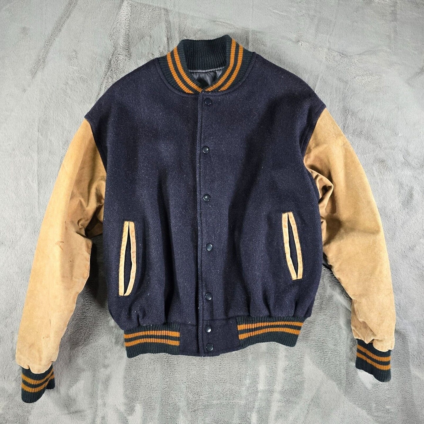 Vintage 80s/90s Pierre Cardin Mens Wool and Leather Blue Varsity Jacket (Large)