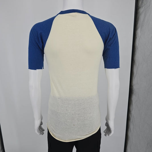 Distressed Vintage 1980s Sneakers Ivory/Blue Blank Raglan Sleeve Baseball Tee -S
