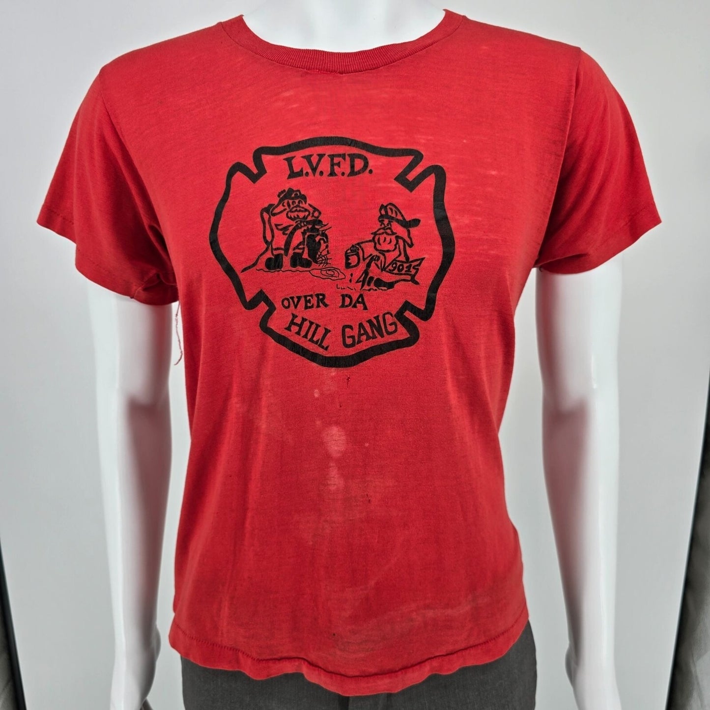 Thrashed 1970s Vintage L.V.F.D. "Over Da Hill Gang" Thin Firefighter T-Shirt (M)