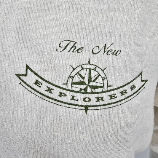 Vintage Thrashed 1990s Beige "The New Explorers" Graphic T-Shirt (XL)