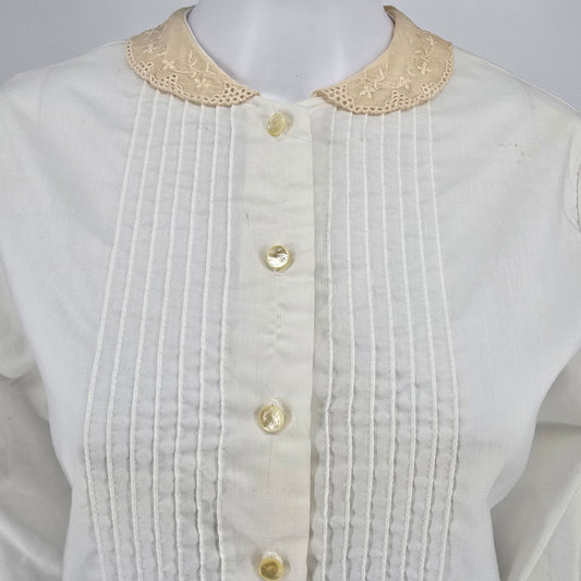 Vintage 1970s Donnkenny Peter Pan Lace Collar Pintuck Long Sleeve Blouse (L)