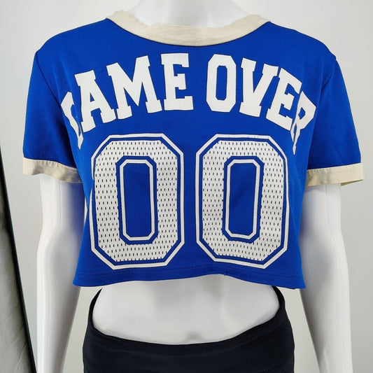 JC Fits "Game Over 00" Blue & White Crop Top Mesh Football Jersey (XL) *Flawed