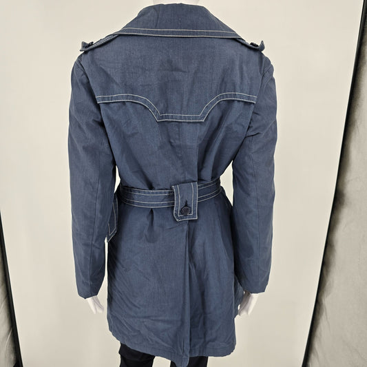 Vintage 1970s Misty Valley Women's Blue Contrast Stitch Belted Car Coat (M/L)