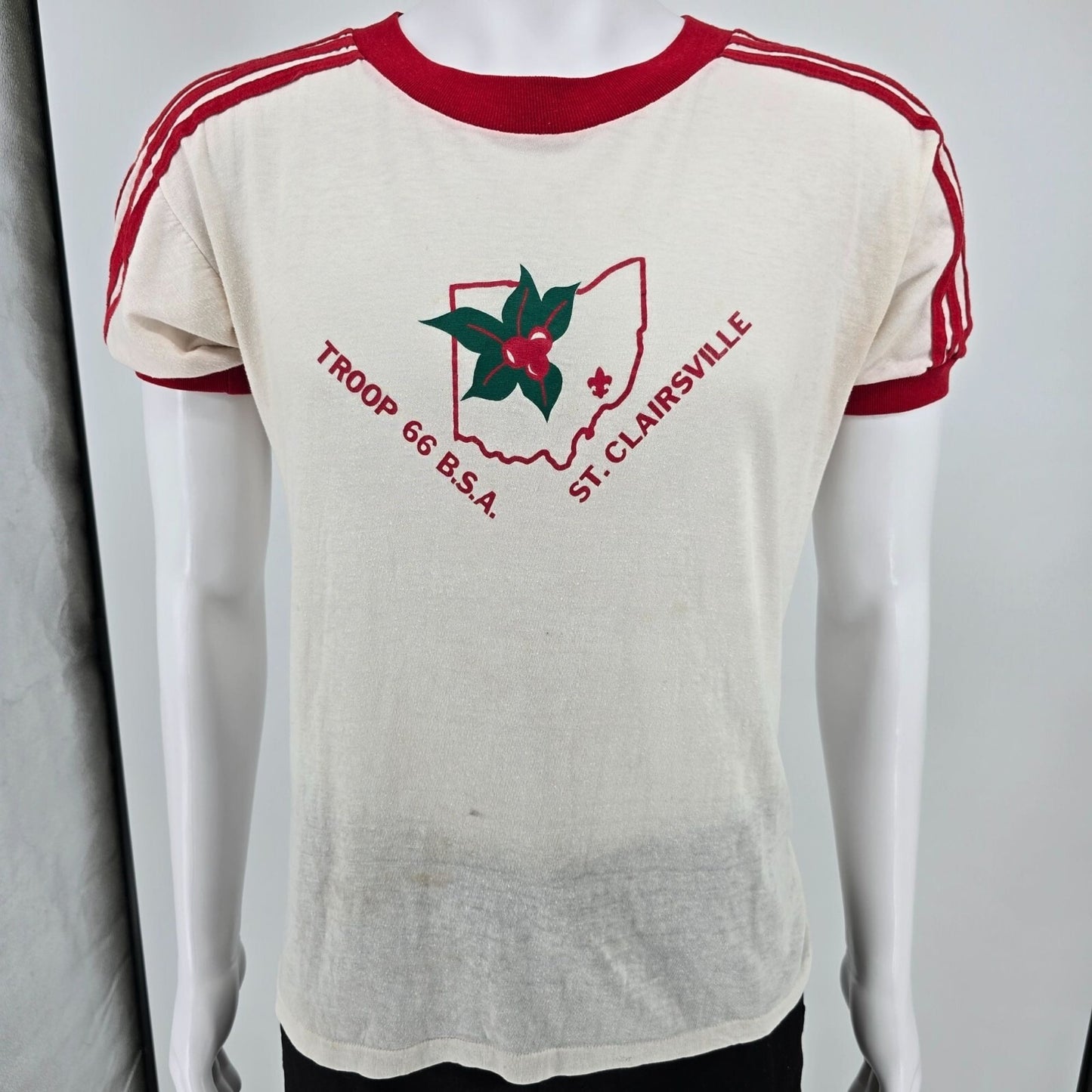 Vintage 1980s Troop 66 B.S.A. St. Clairsville Ohio Ringer Tee White T-Shirt (L)