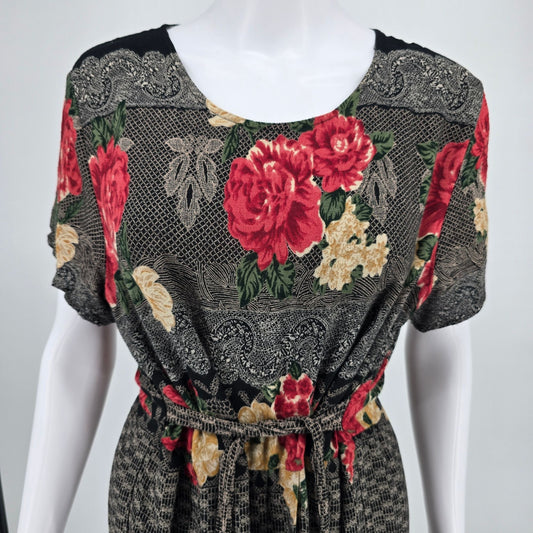 Vintage 1990s Just in Thyme Rayon Black Floral/Lace Print Prairie Dress (8/M)