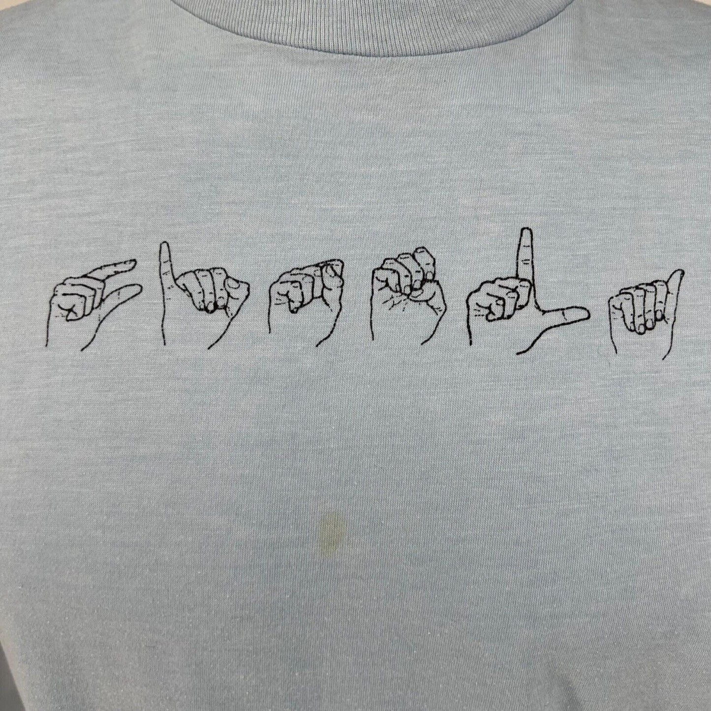 Vintage 1980s Hanes Light Blue Cotton/Poly ASL "Gisela" T-Shirt (Large)