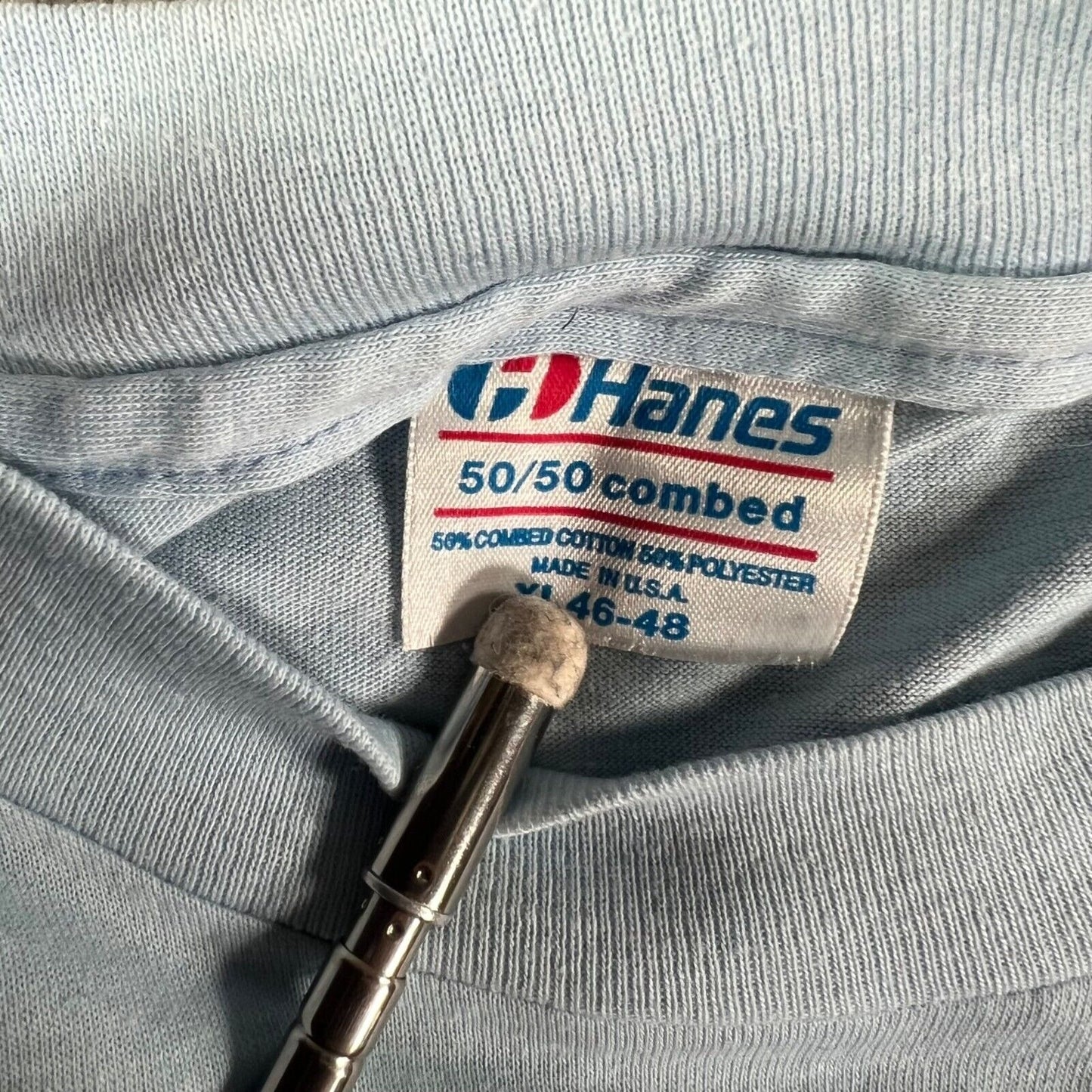 Vintage 1980s Hanes Light Blue Cotton/Poly ASL "Gisela" T-Shirt (Large)