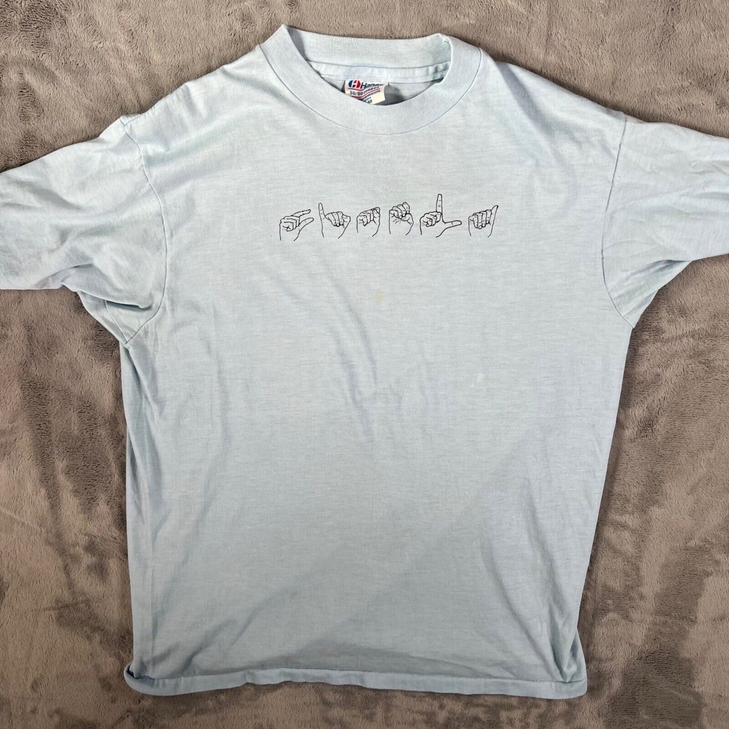 Vintage 1980s Hanes Light Blue Cotton/Poly ASL "Gisela" T-Shirt (Large)
